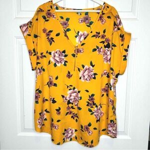 Speed Limit‎ Floral Print Blouse Gold Yellow Short Sleeve Size Plus
